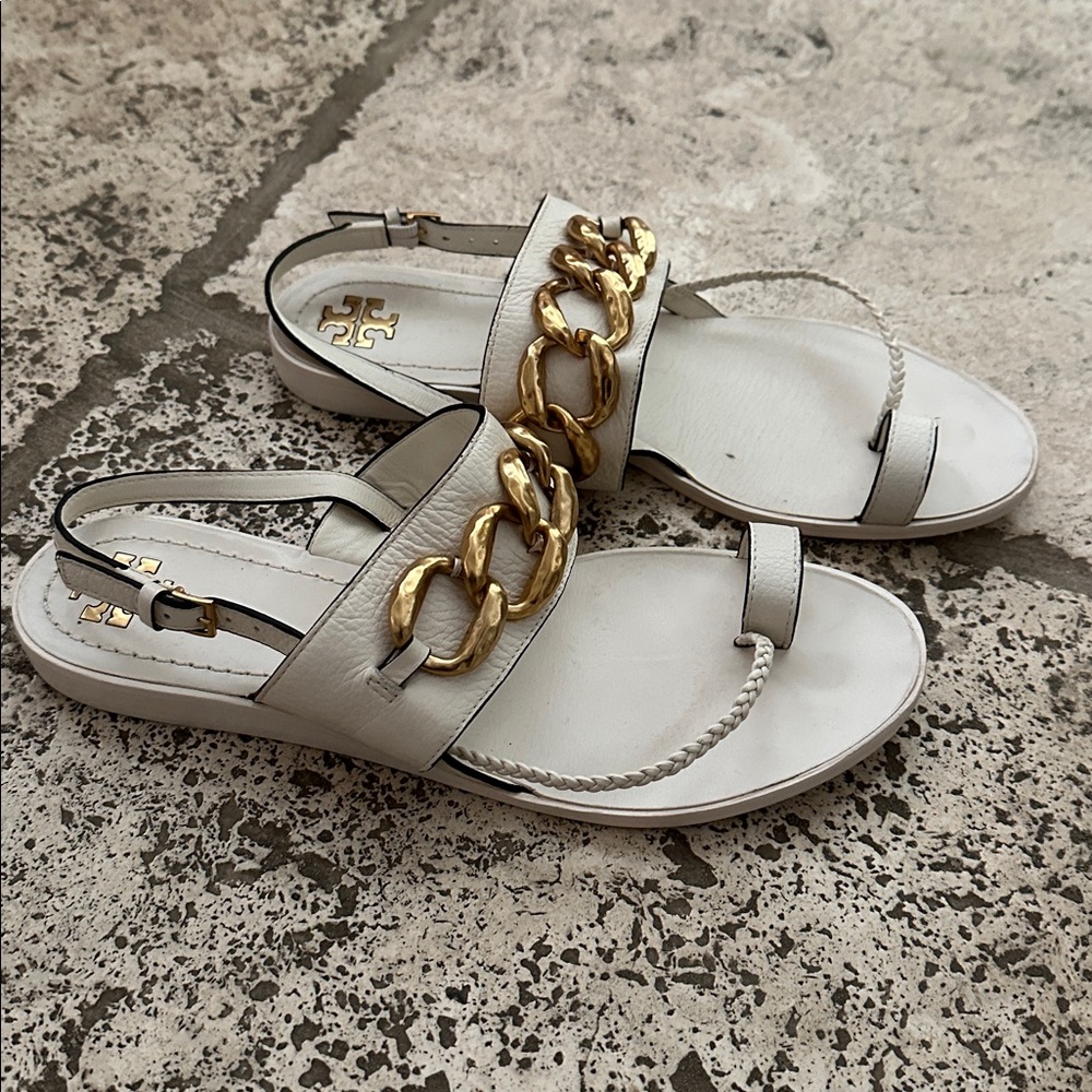 Tory Burch White Sandals with Gold Accents